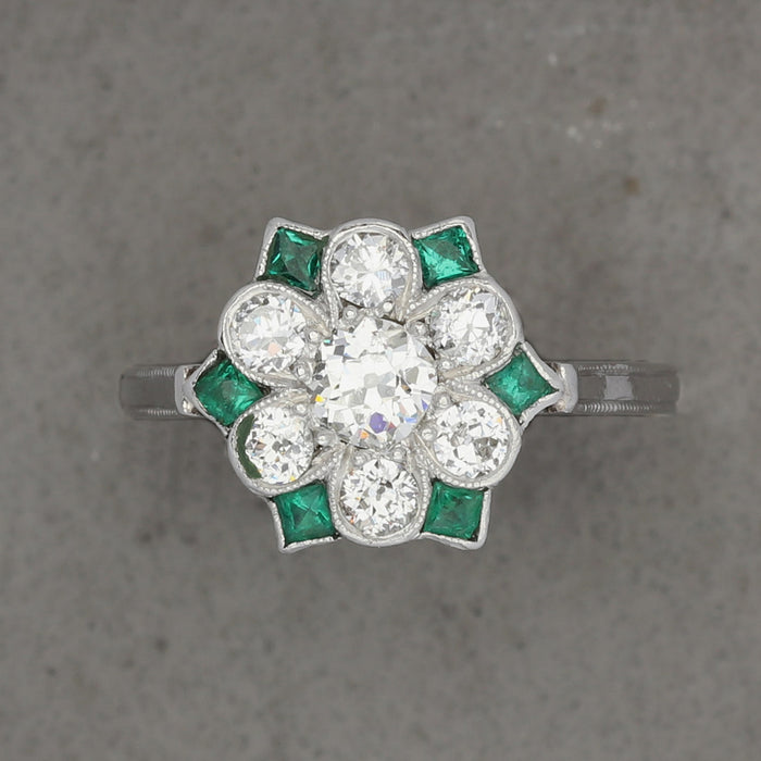 EMERALD & DIAMOND CLUSTER RING IN PLATINUM SIZE 3.5