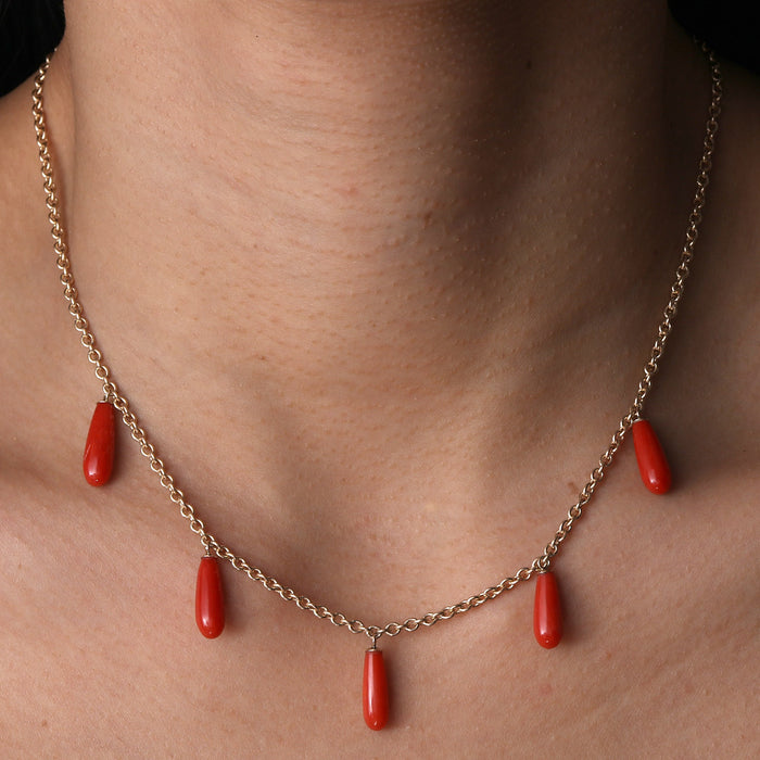 CORAL FRINGE NECKLACE AND EARRING SUITE 14K YELLOW GOLD