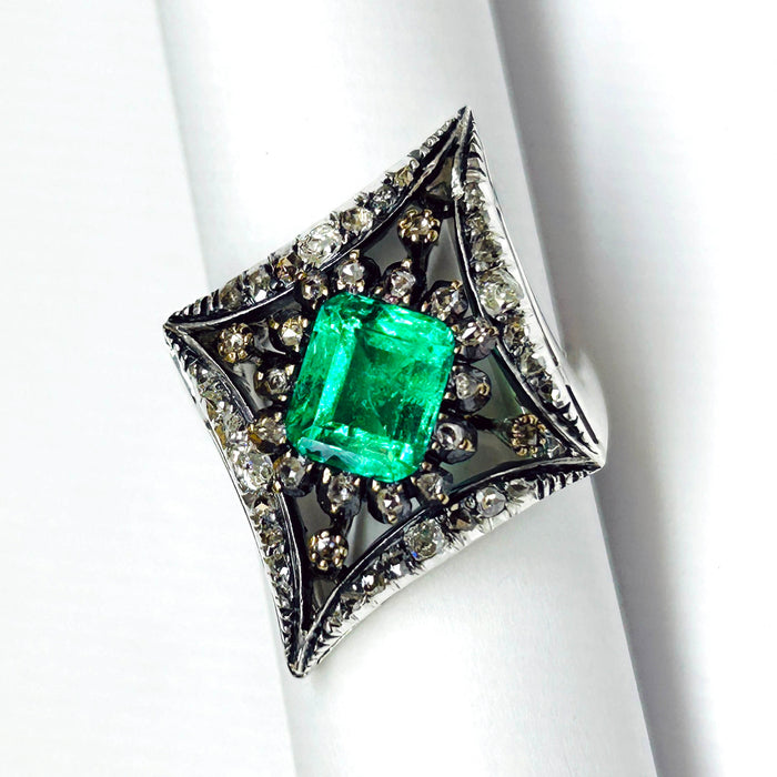 REVIVAL EMERALD & DIAMOND VICTORIAN RING IN SILVER 14K GOLD