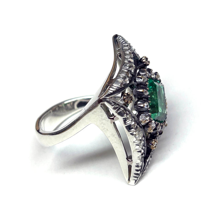 REVIVAL EMERALD & DIAMOND VICTORIAN RING IN SILVER 14K GOLD